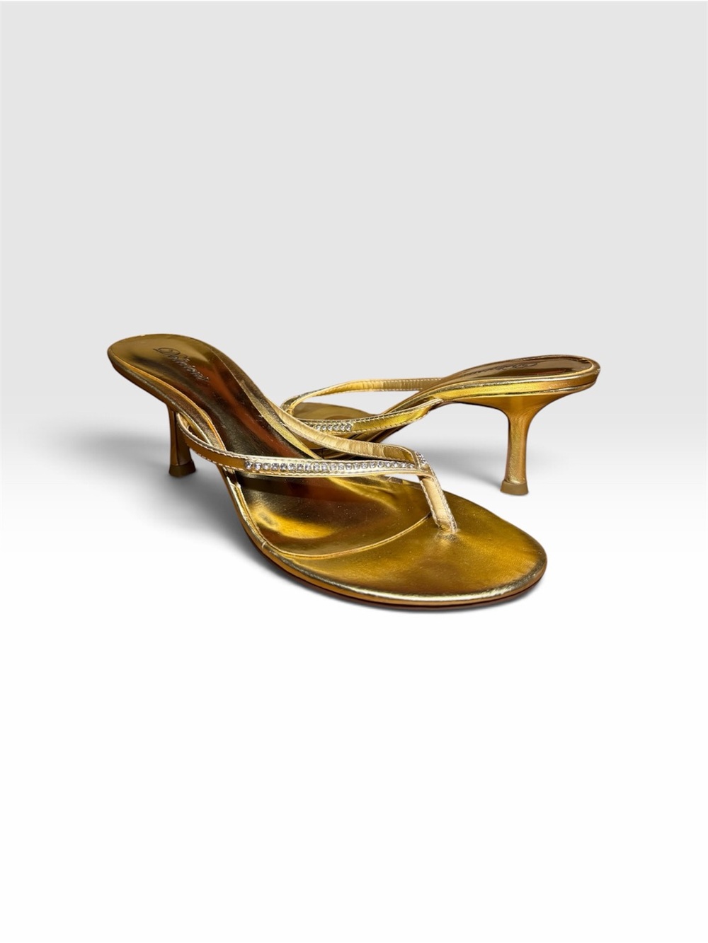 Delicious Gold Metallic Thong Heels with Rhinestone Strap